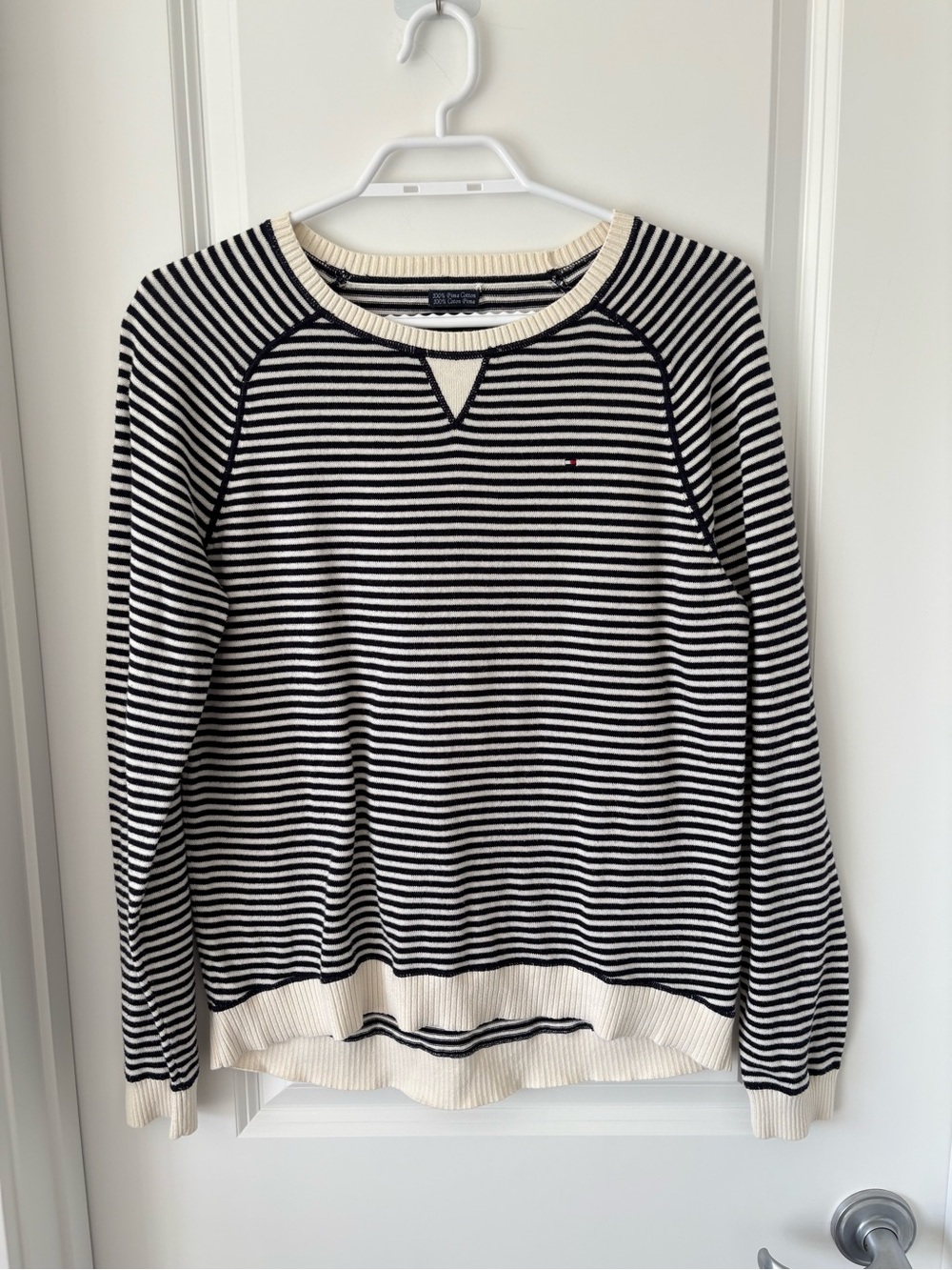 Tommy Hilfiger Navy and White Striped Crewneck Sweater
